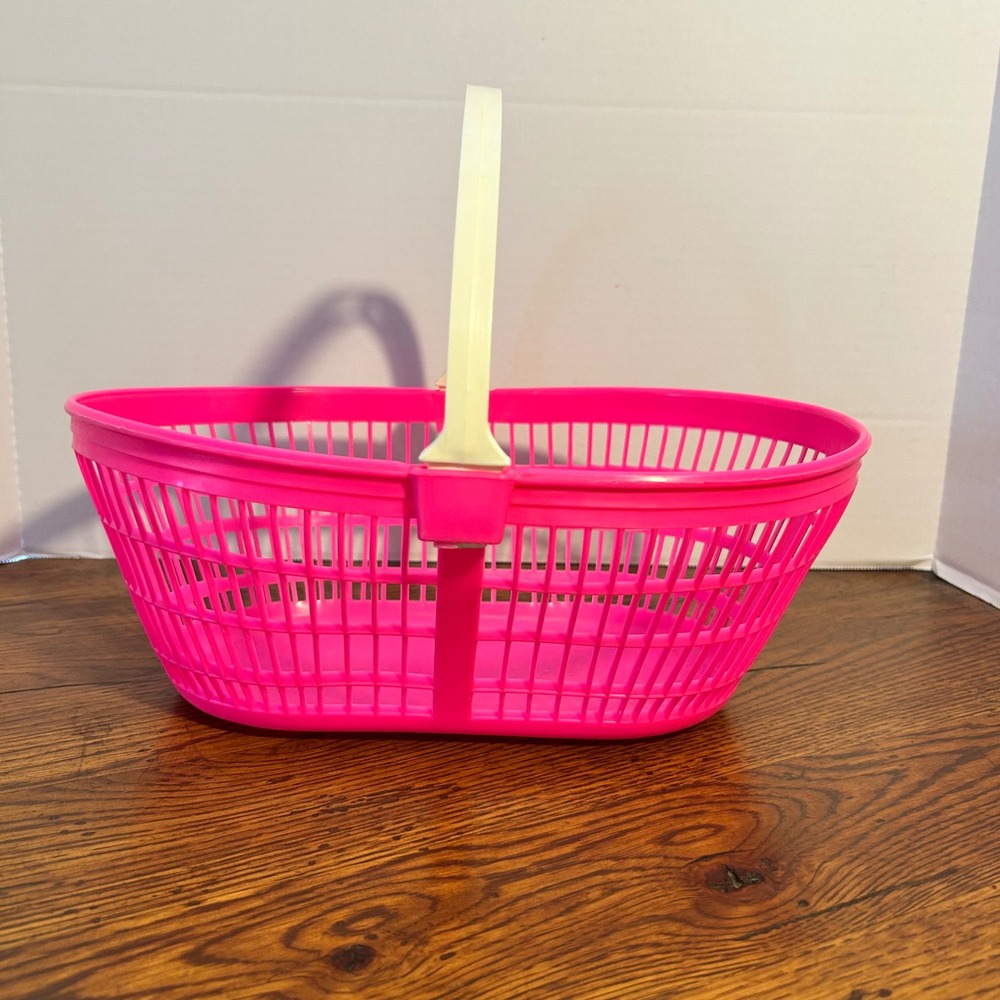 Vintage Neon Hot‎ Pink Plastic Easter Basket with Cream Handle 12.5 Inch